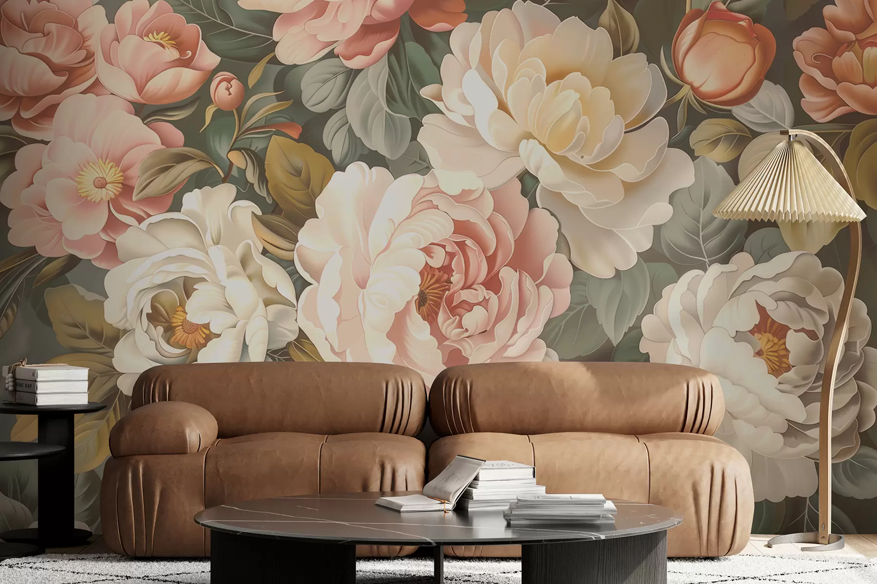 murales de pared Un ramo de grandes y exuberantes peonías y rosas florecientes en colores pastel. w01495v1