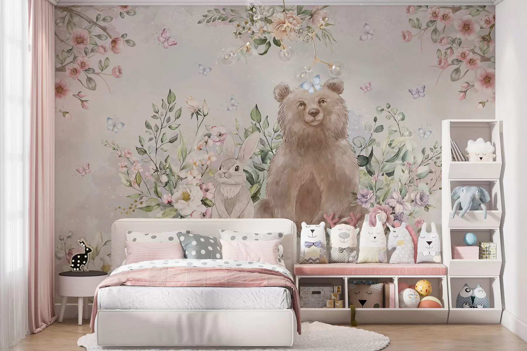 murales de pared Bonito diseño infantil con oso, conejito y flores. w01491