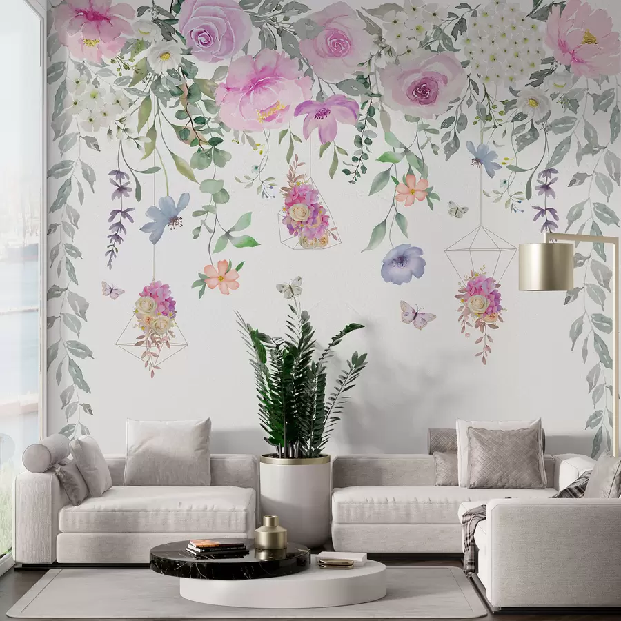 murales de pared Flores colgantes, adornos florales y mariposas. w01517