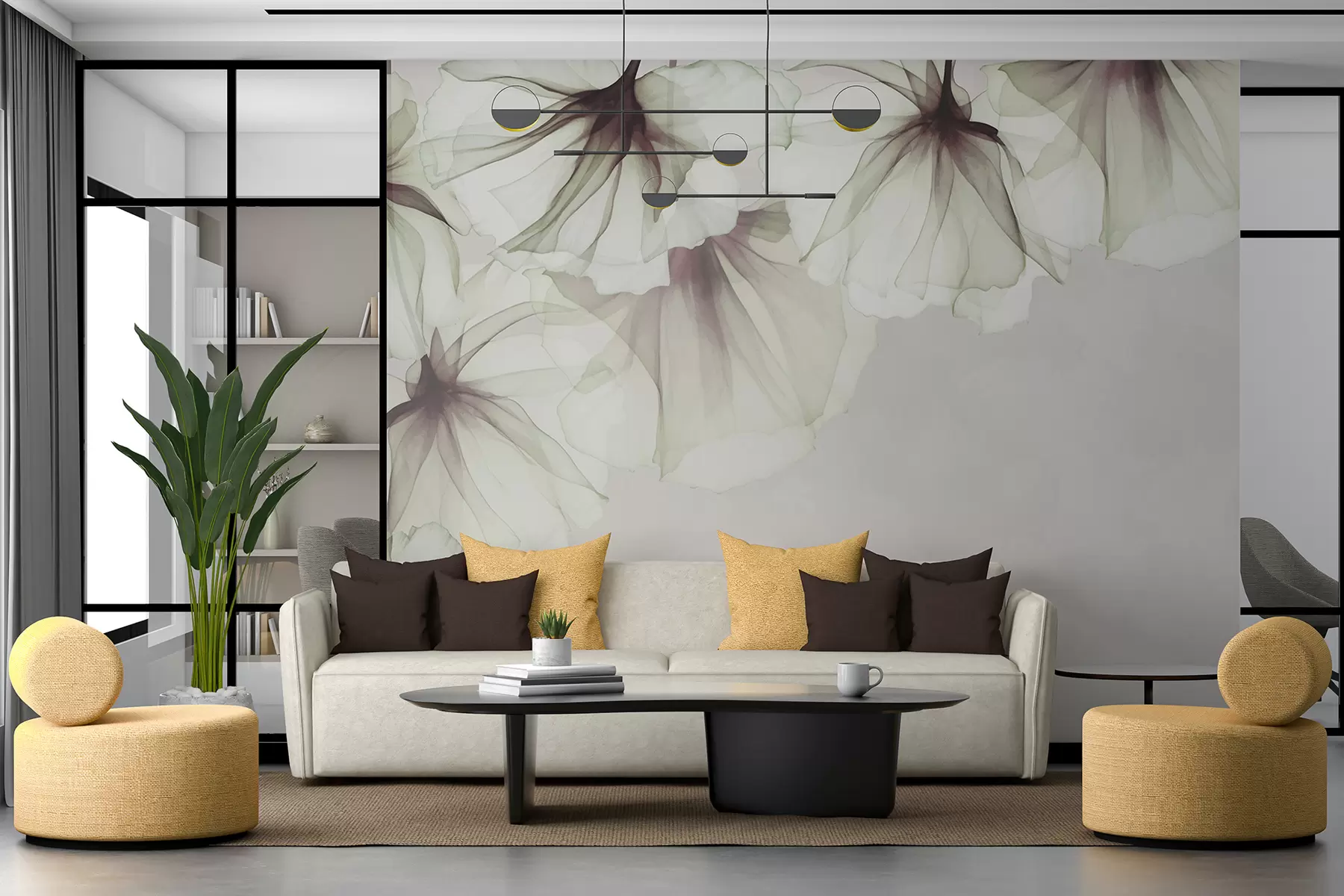 murales de pared delicadas flores translúcidas, flores grises, flores en la parte superior w01080v2