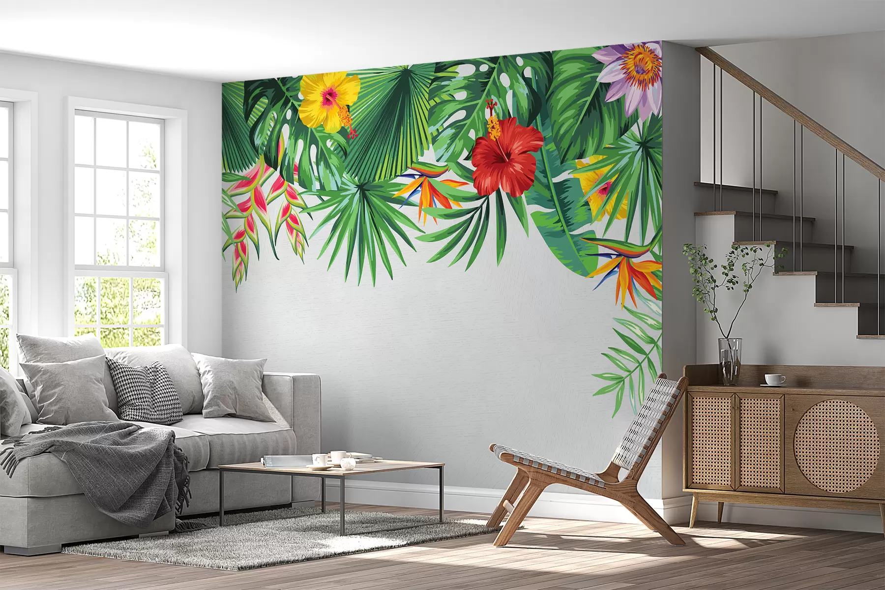 murales de pared hojas tropicales, flores tropicales, hojas verdes, hojas grandes en la parte superior w01085