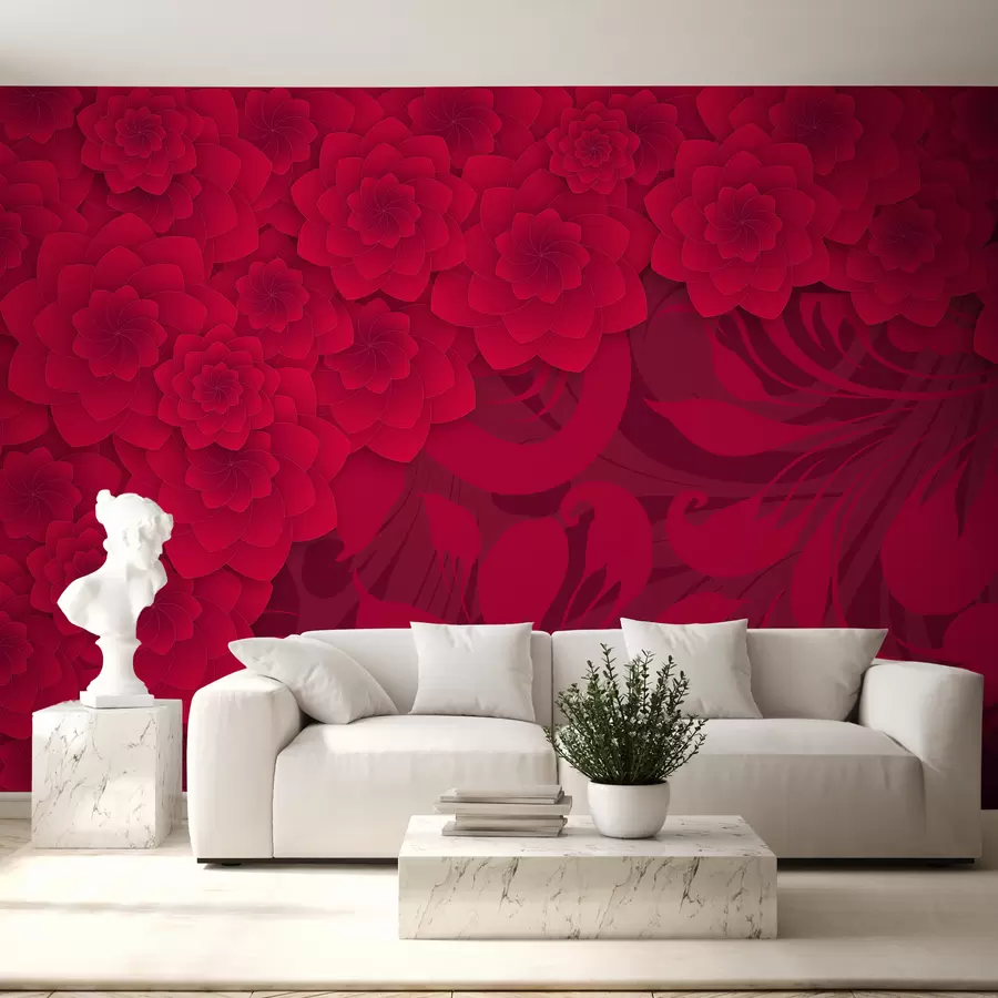 murales de pared papel pintado burdeos con grandes flores de imitación de volumen sobre el fondo de un motivo ornamental w01051