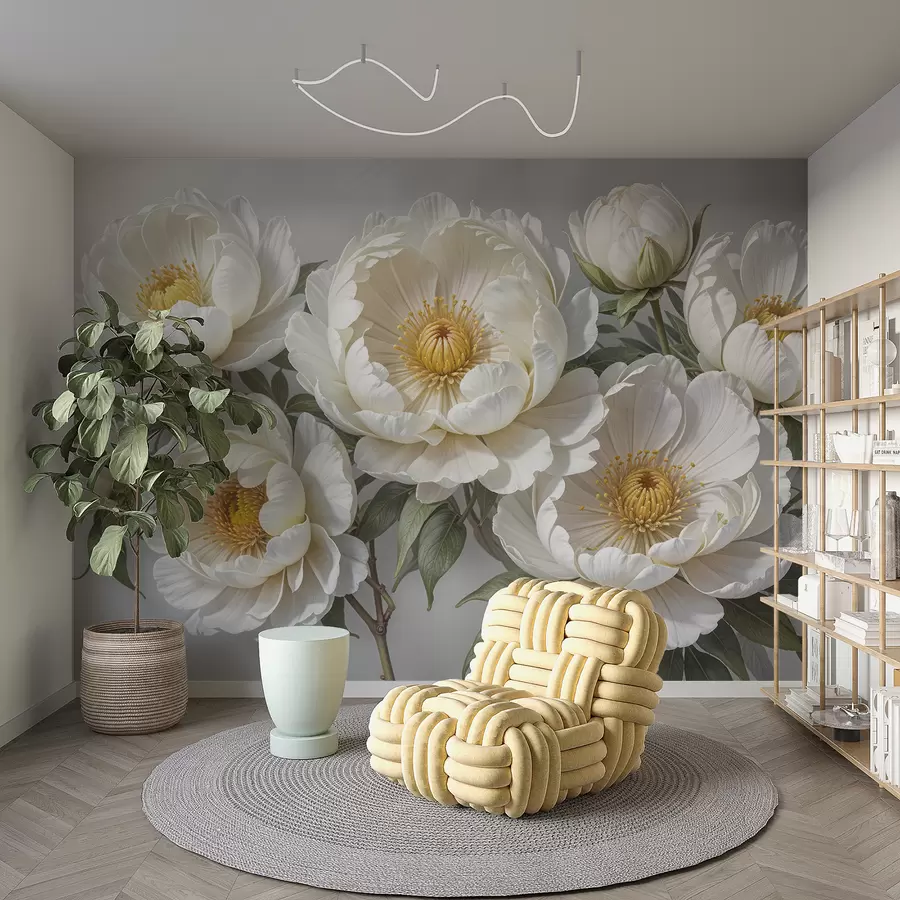 murales de pared Pintura blanca voluminosa de peonías con centros amarillos, rodeadas de hojas verdes sobre fondo claro w08249
