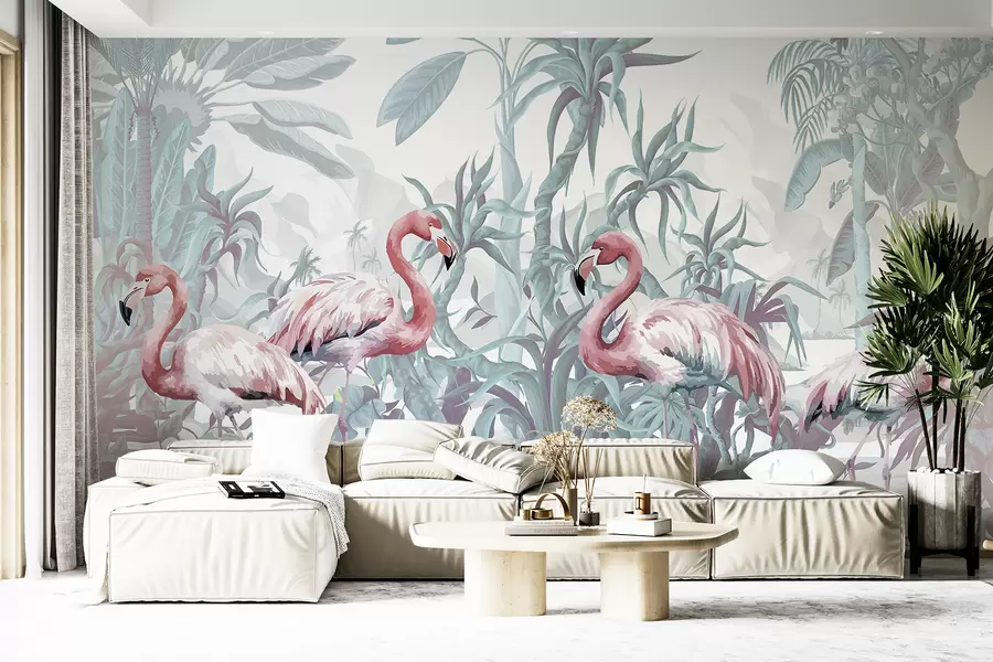 murales de pared  Flamencos rosas de pie en un exuberante follaje tropical con grandes hojas de palmera y flores en tonos verdes y blancos w08250v1