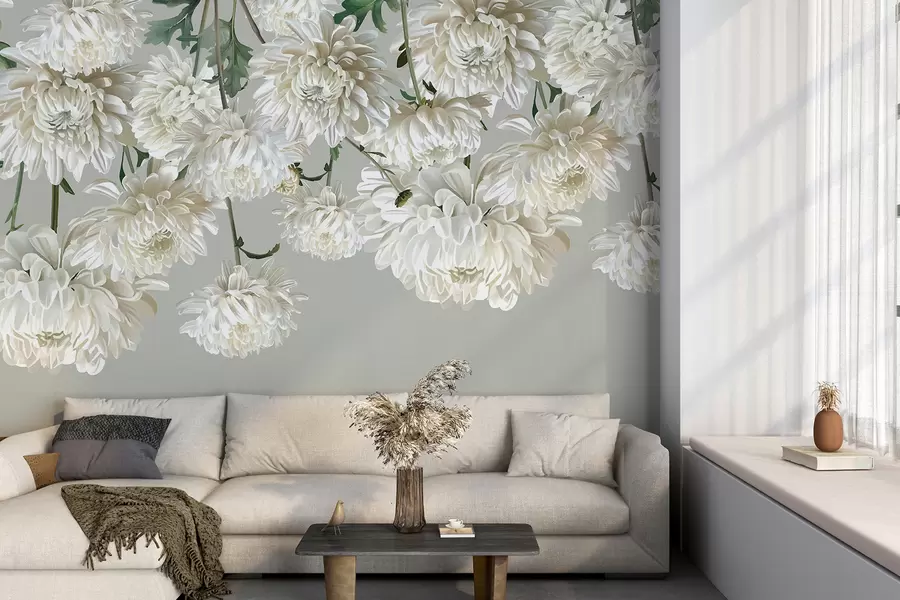 murales de pared Flores blancas de crisantemo con hojas verdes sobre fondo gris claro w08251
