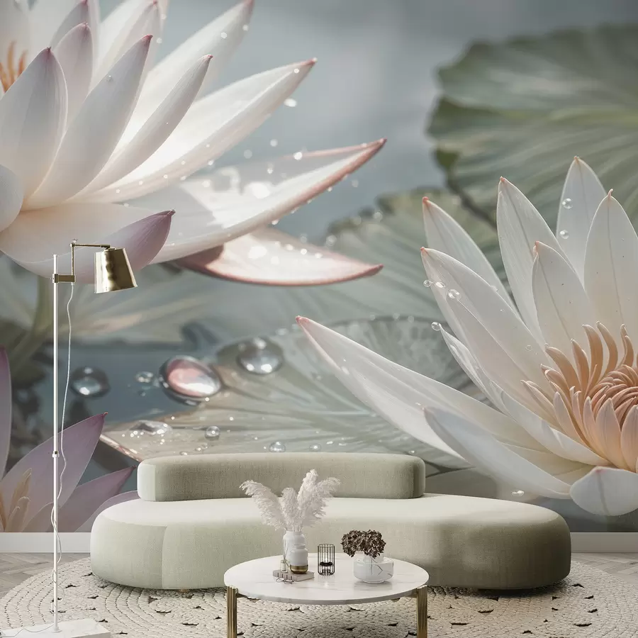 murales de pared Primer plano de flores de loto blancas con gotas de agua en sus pétalos sobre un fondo verde difuminado w08252