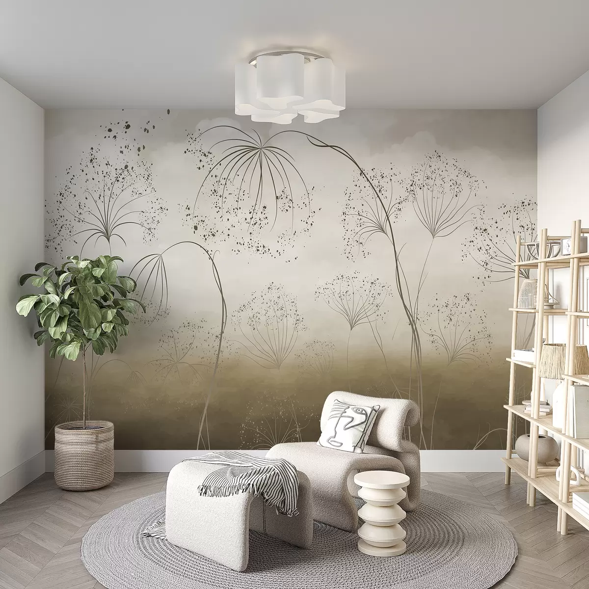 murales de pared Plantas marrones, altas y tenues, con delicadas flores en forma de paraguas o cabezas de semillas en un entorno atmosférico y brumoso w08258