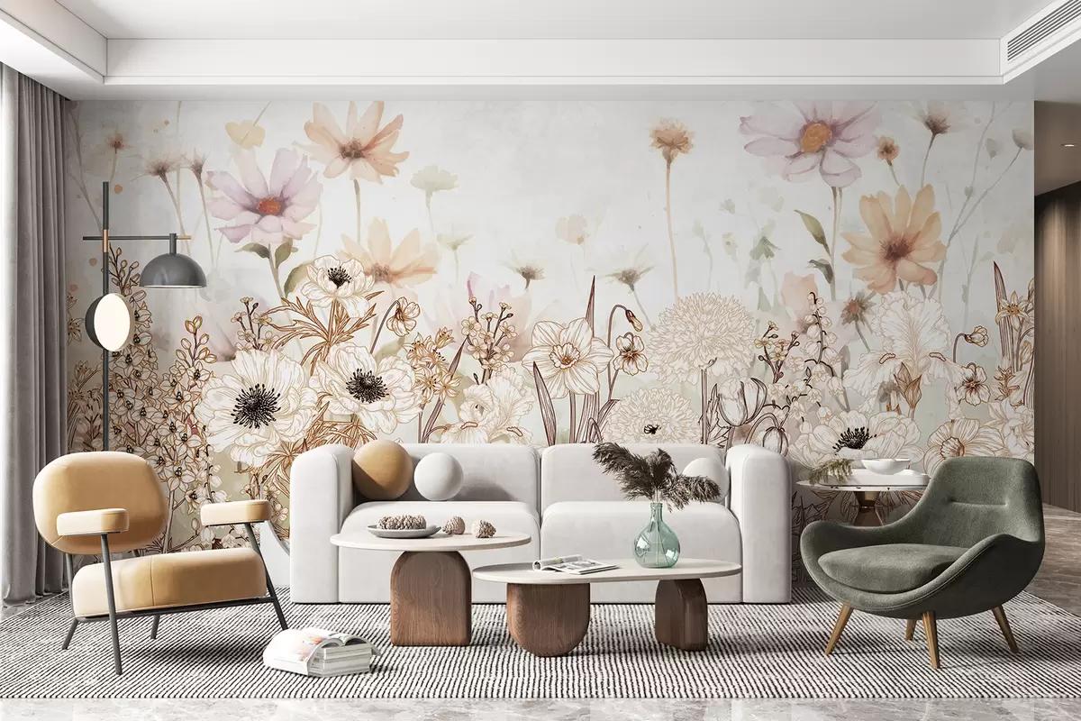 murales de pared Un campo de flores y follaje blanco, beige y rosa sobre un fondo floral suave y difuminado w08259