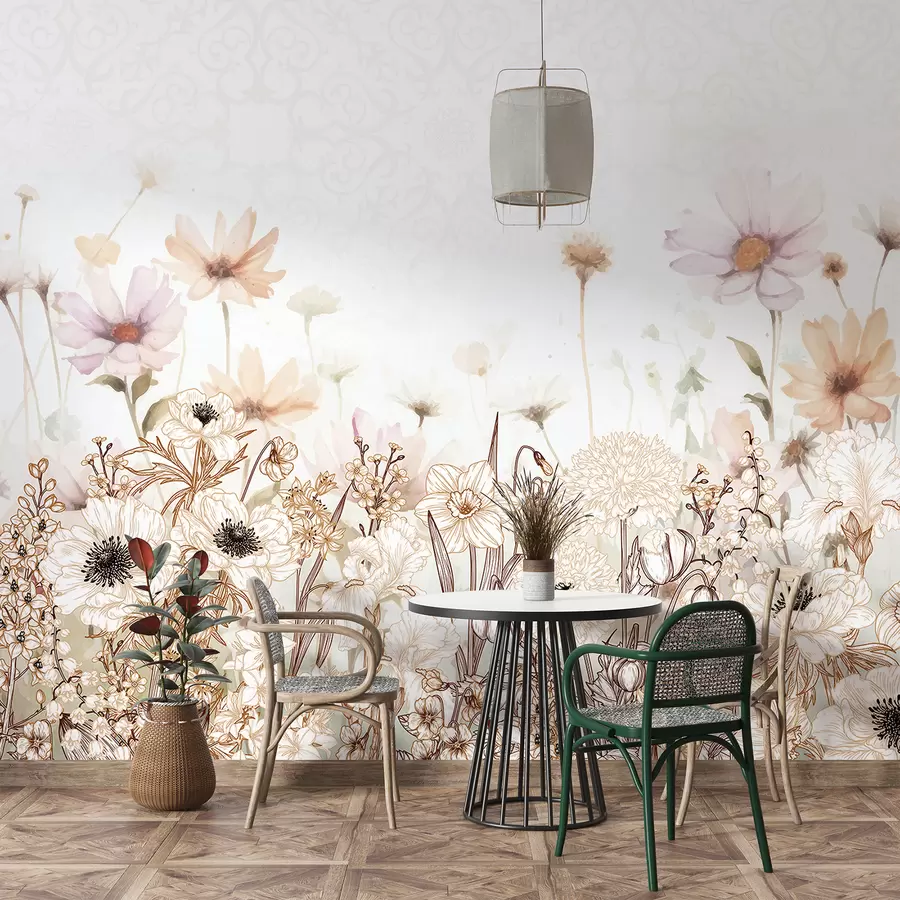 murales de pared Un campo de flores y follaje blanco, beige y rosa sobre un fondo floral suave y difuminado w08259