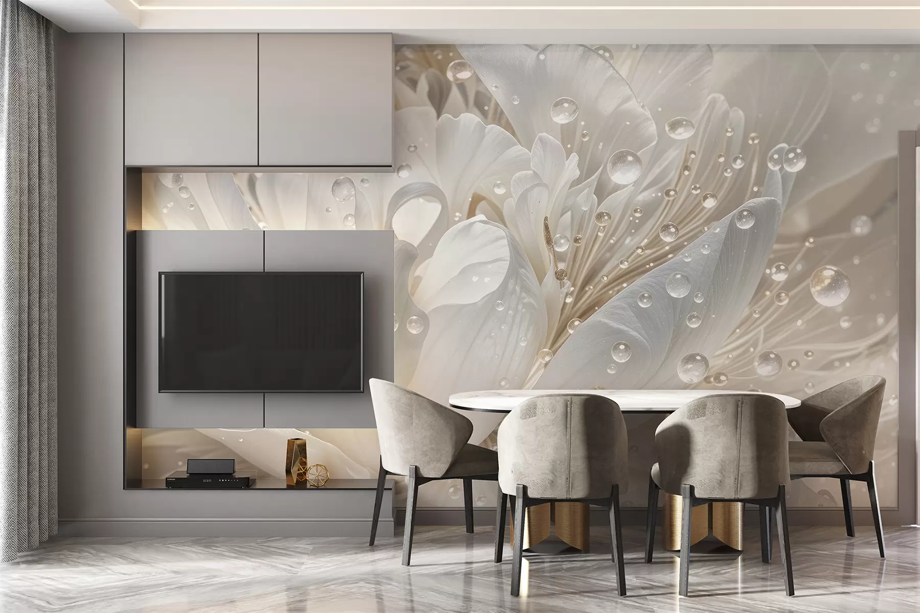 murales de pared Primer plano de una flor de peonía blanca con delicados pétalos y gotas de agua w08262