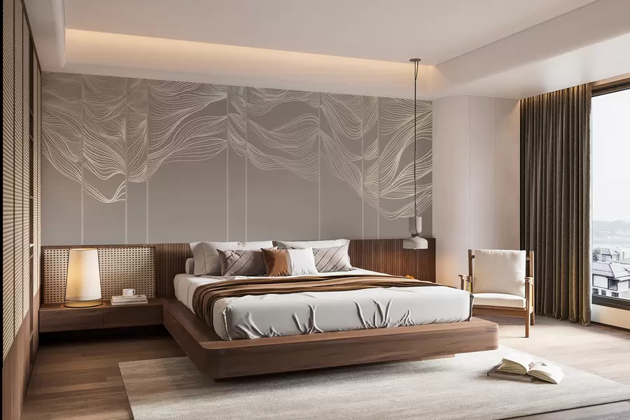 murales de pared Ondas abstractas de líneas blancas sobre fondo marrón claro w08263