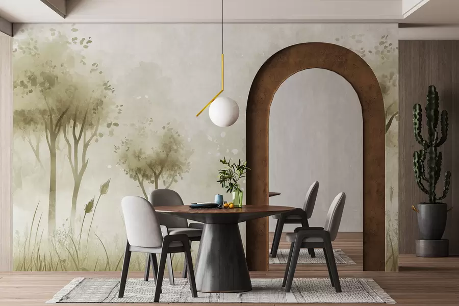 murales de pared Bosque de acuarela con hierba y árboles, color verde w01546v1