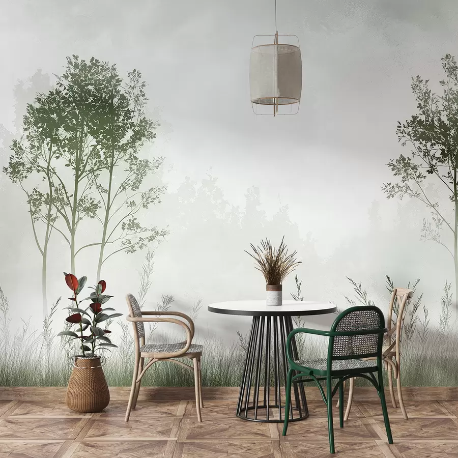 murales de pared Bosque brumoso, paisajes naturales, pradera, árboles, color verde w01547v2