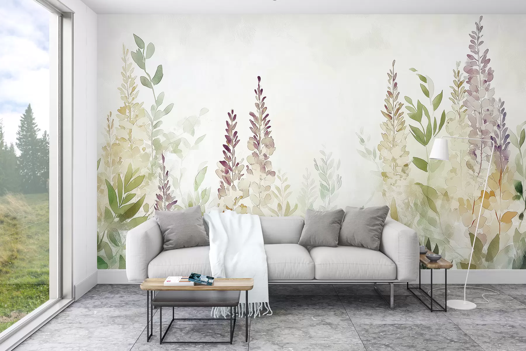 murales de pared Acuarela jardín de flores, diseño floral, colores naturales w01562