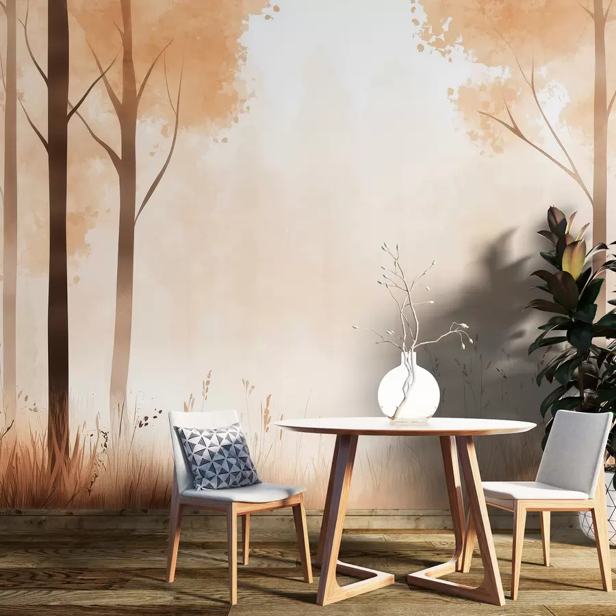 murales de pared Acuarela bosque, niebla, árboles, hierba, paisaje natural, color beige w01563