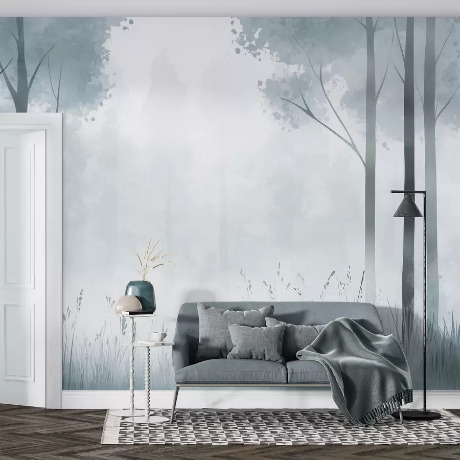 murales de pared Acuarela bosque, niebla, árboles, hierba, paisaje natural, color gris w01563v3