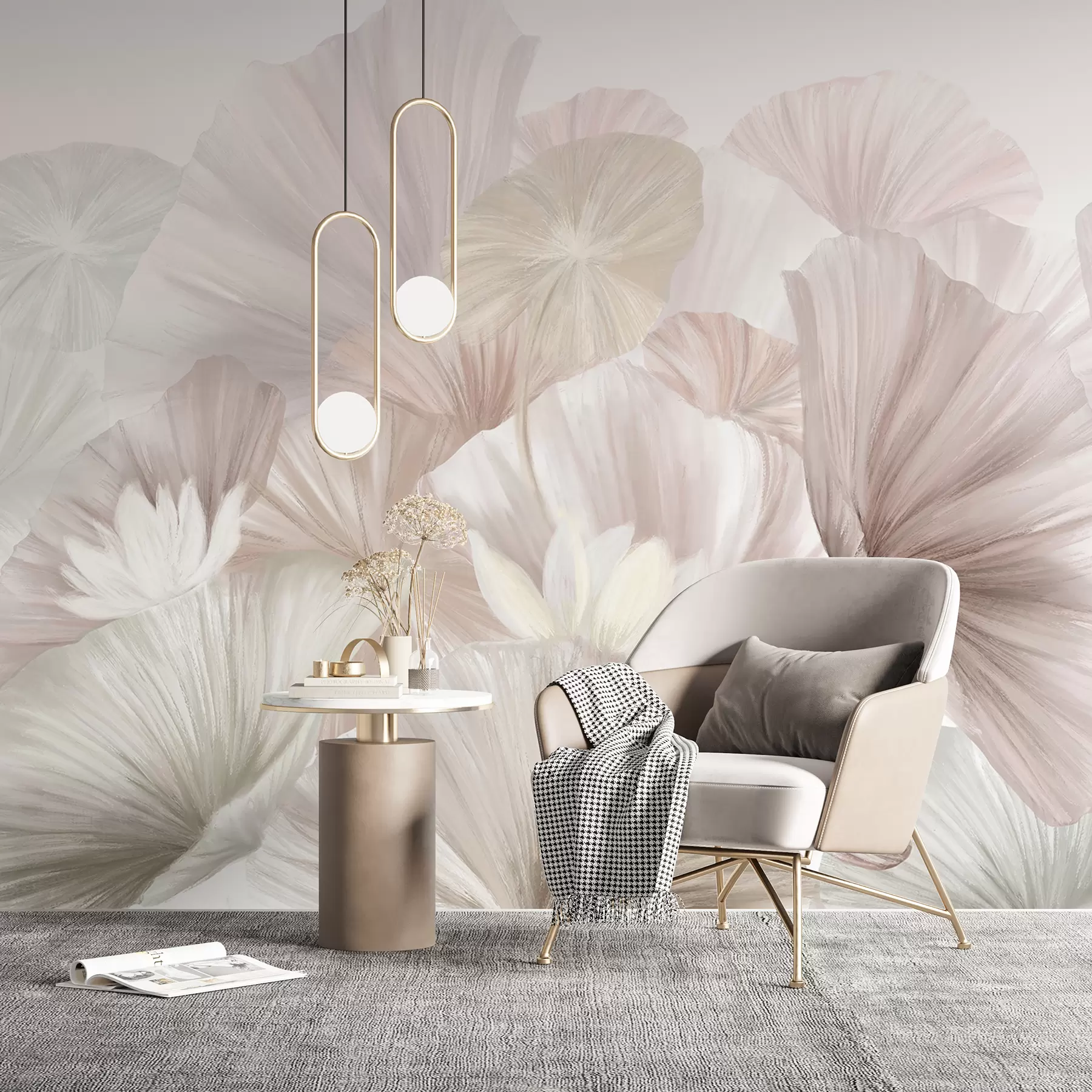 murales de pared Delicadas hojas de loto rosa con flores blancas de pétalos suaves y plumosos dispuestas en una composición artística natural w08265v1