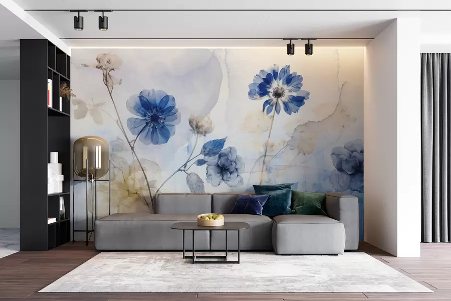 murales de pared Azul y blanco acuarela flores transparentes en un campo, con suave, borrosa fondo abstracto w08270