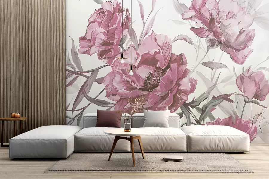 murales de pared Pintura de peonías rosas con exuberante follaje sobre un fondo abstracto claro  w08274