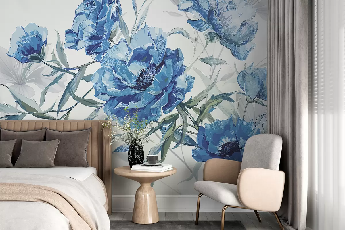 murales de pared Pintura de peonías azules con exuberante follaje sobre un fondo abstracto claro  w08274v1