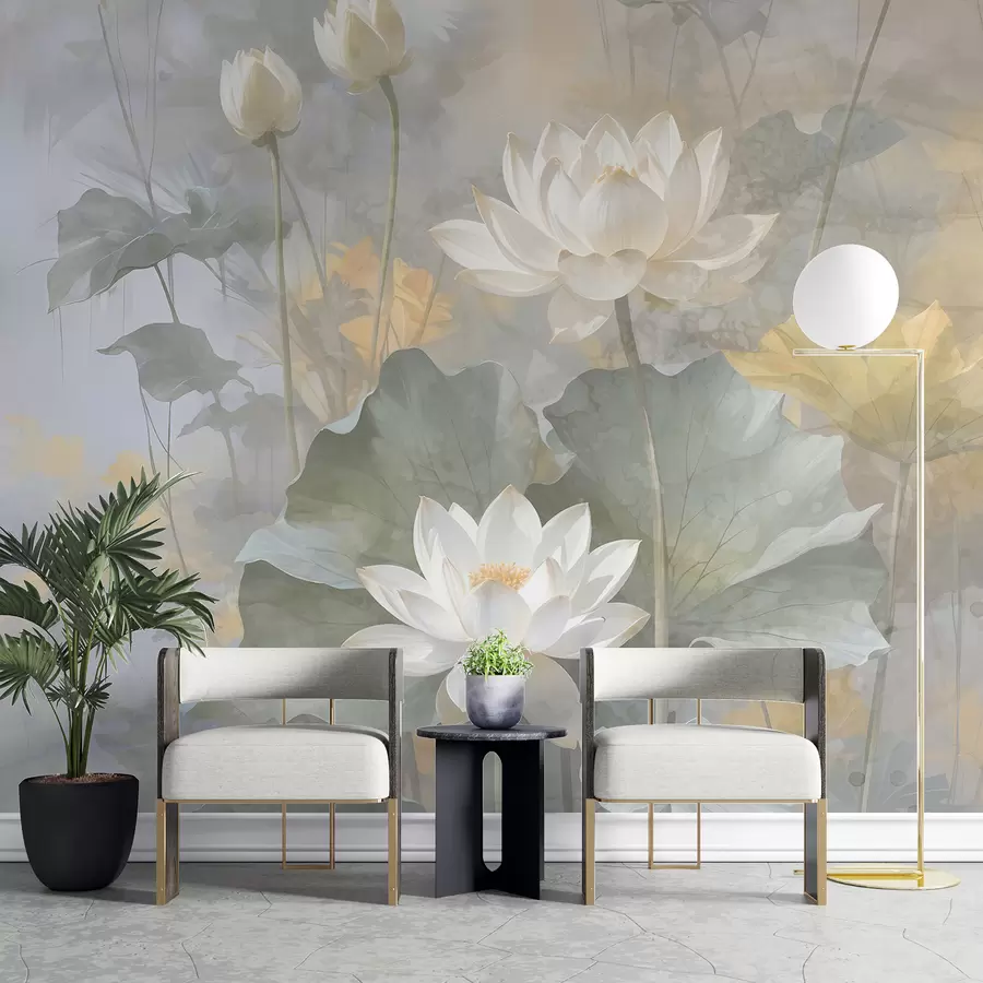 murales de pared Flores de loto blancas con hojas en un estanque con un suave fondo difuminado amarillo y verde w08275