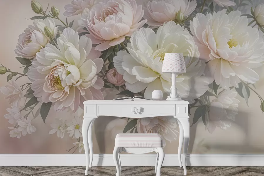 murales de pared Un ramo de exuberantes peonías de colores pastel y otras flores sobre un fondo suave y difuminado  w08276