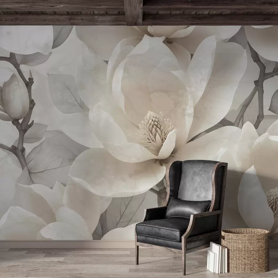 murales de pared Flores blancas de magnolia en plena floración, con pétalos suaves y delicados y un fondo natural texturizado w08278