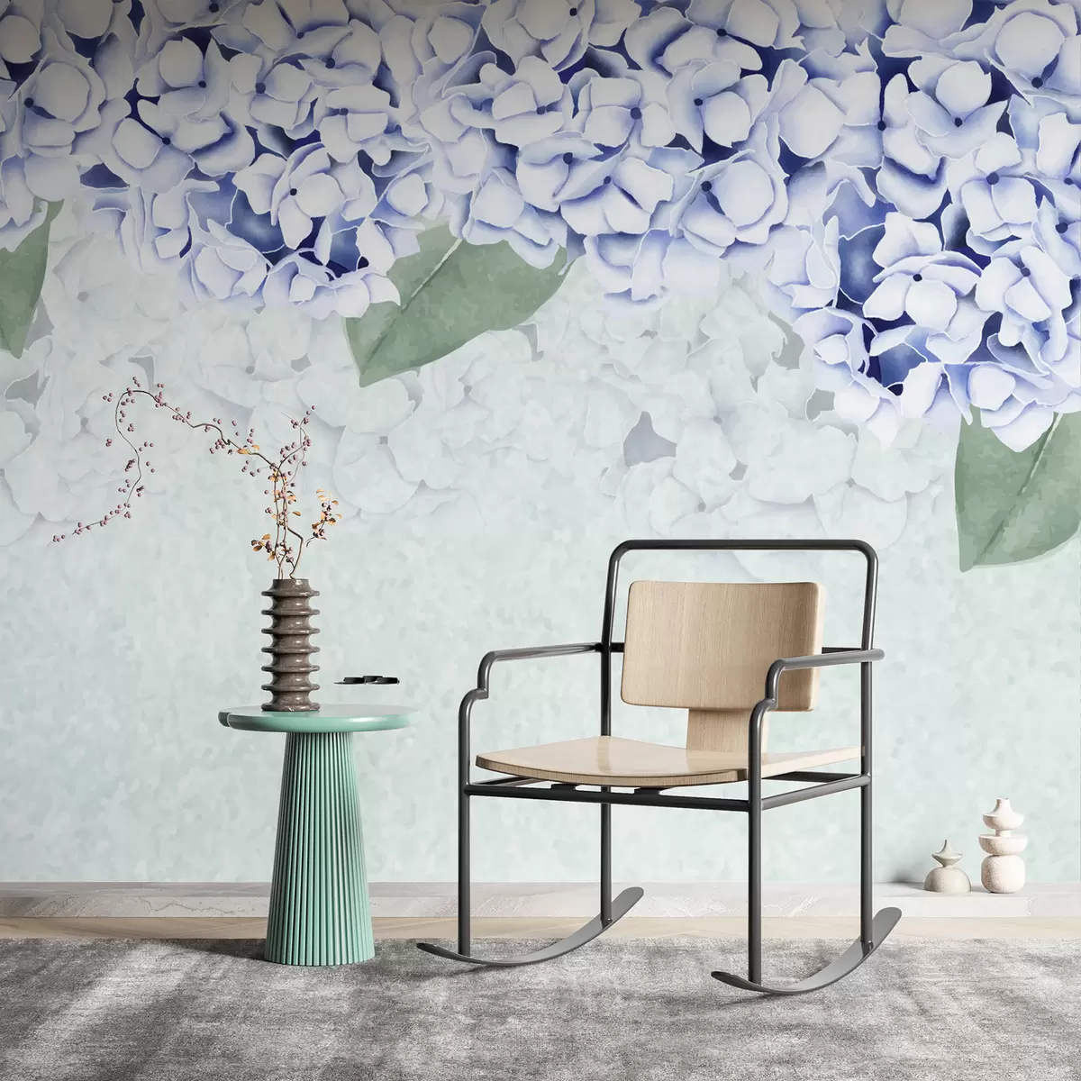 murales de pared flores de hortensia, flores azules, flores de arriba, flores grandes w01597