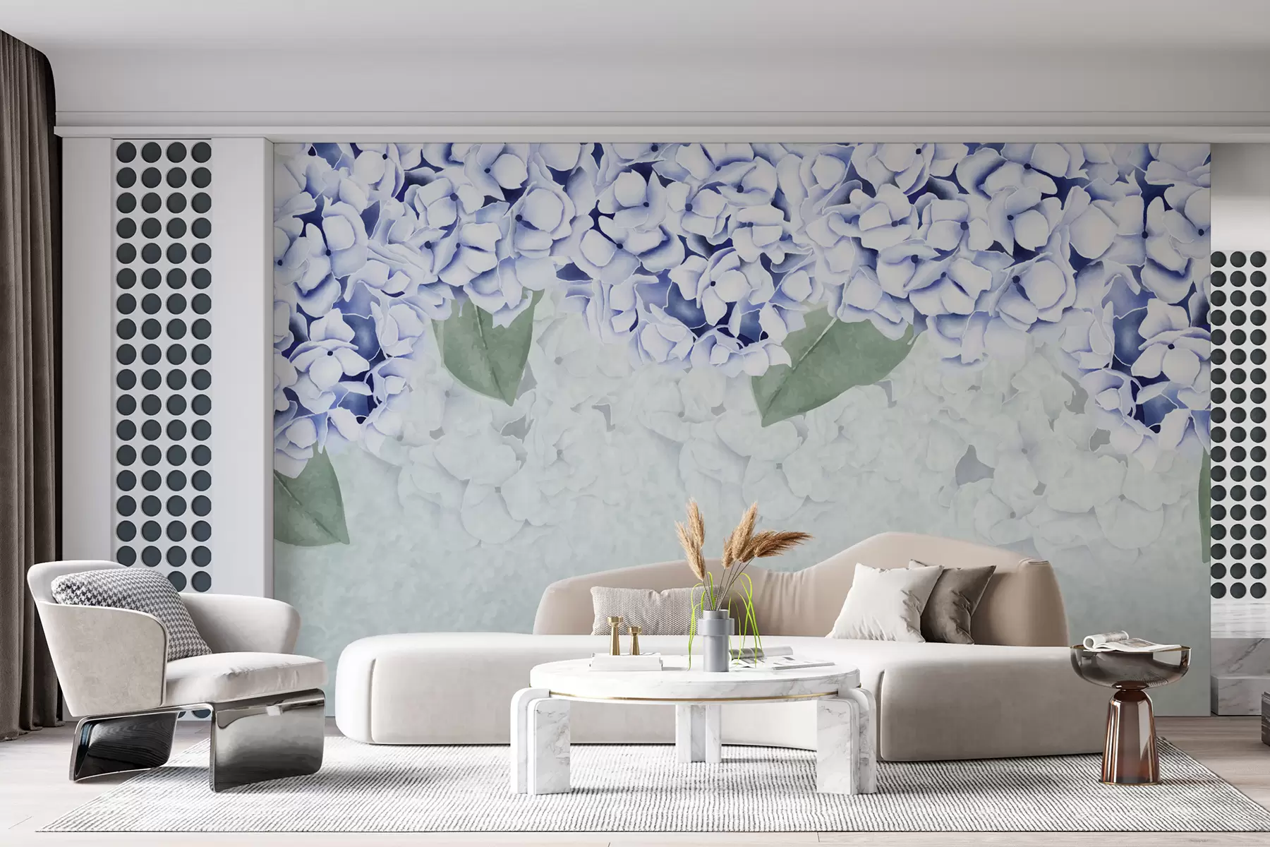murales de pared flores de hortensia, flores azules, flores de arriba, flores grandes w01597
