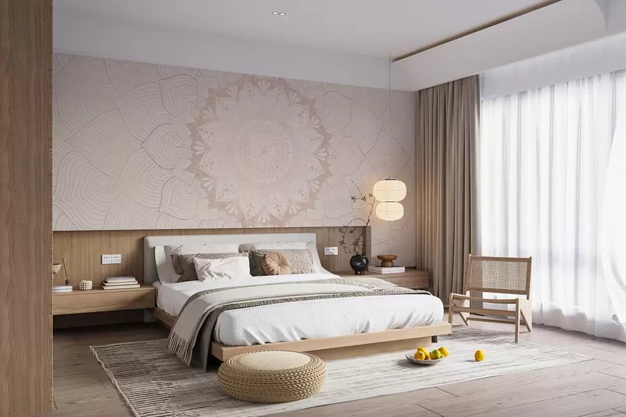 murales de pared Mandala redondo, papel pintado para espacio de yoga o para armonizar el espacio personal. Mandala mural en cálidos colores pastel sobre fondo irregular texturizado w01088