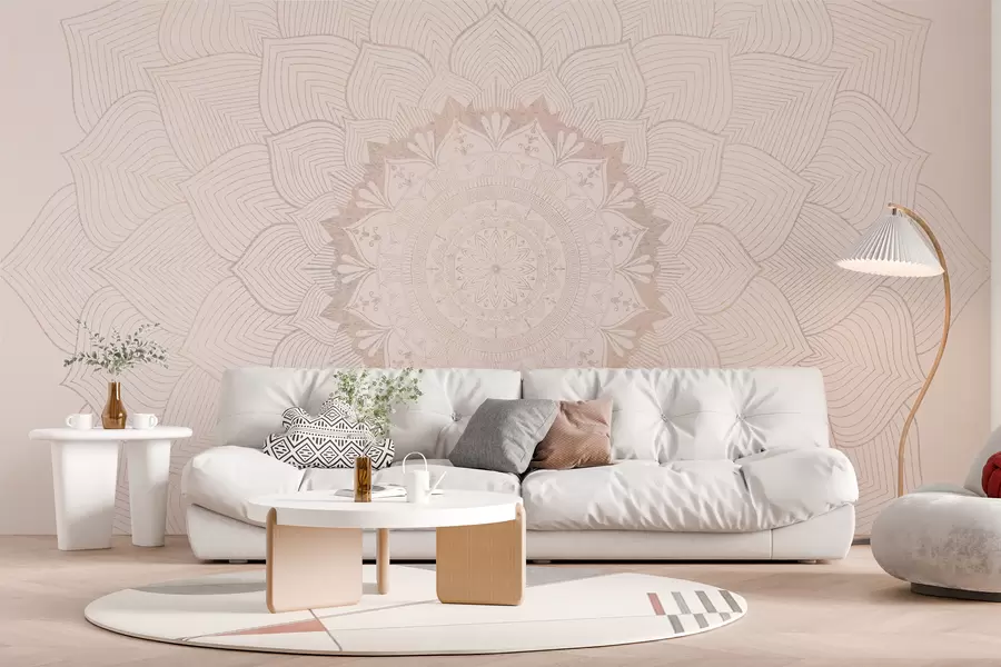 murales de pared Mandala redondo, papel pintado para espacio de yoga o para armonizar el espacio personal. Mandala mural en cálidos colores pastel sobre fondo irregular texturizado w01088