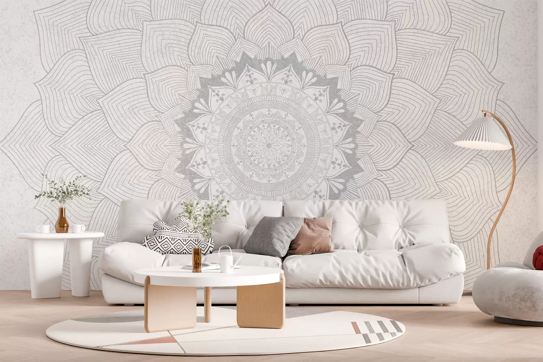 murales de pared Mandala redondo, papel pintado para espacio de yoga o para armonizar el espacio personal. Mandala mural en tonos grises sobre fondo heterogéneo texturado w01088v2