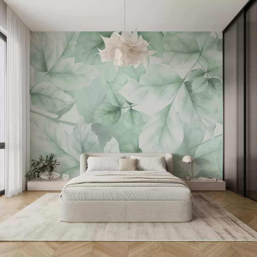 murales de pared Papel pintado texturizado con grandes hojas en tonos verdes pastel w01090v3