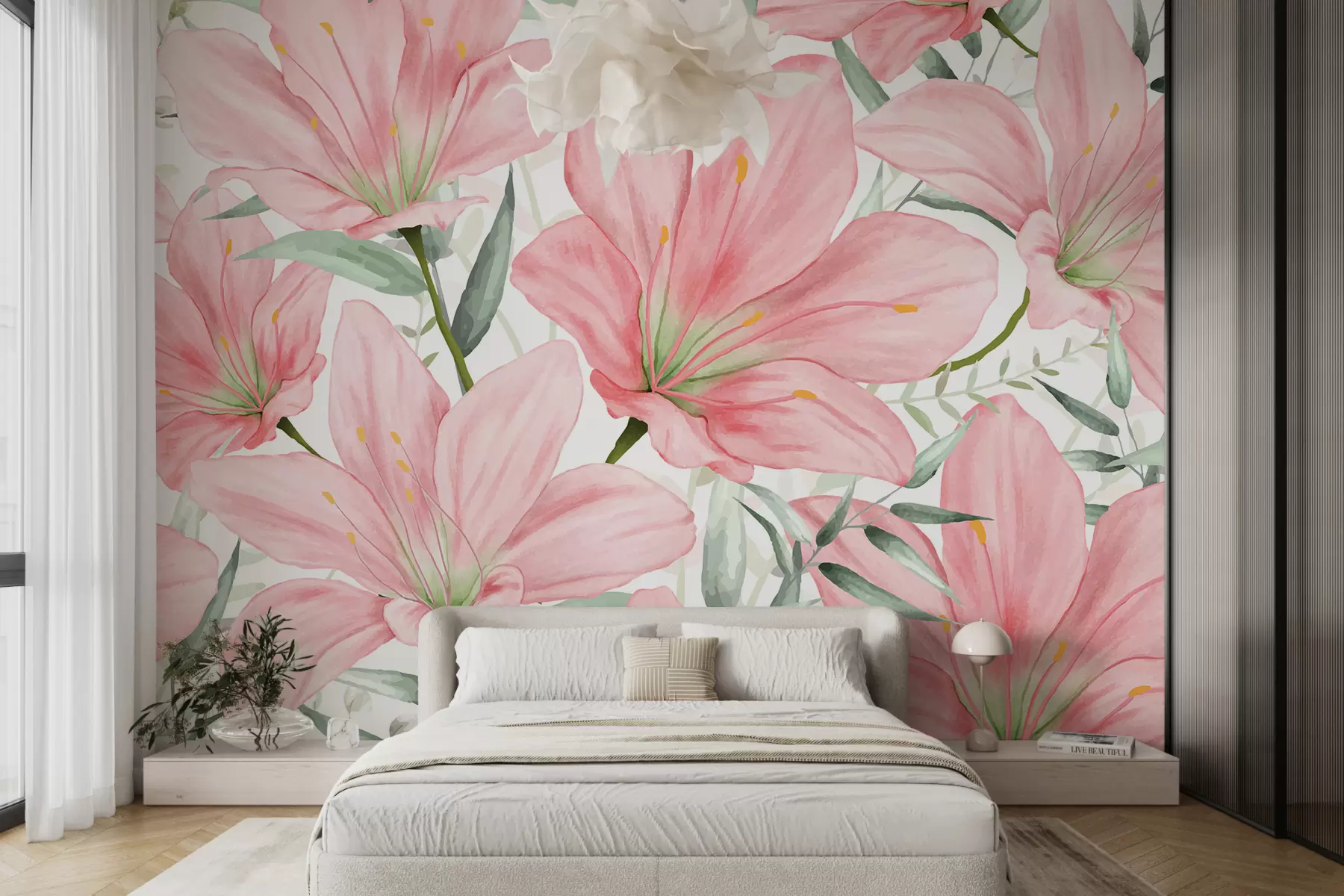 murales de pared Grandes lirios rosa pálido y hojas en estilo acuarela sobre fondo blanco w01121