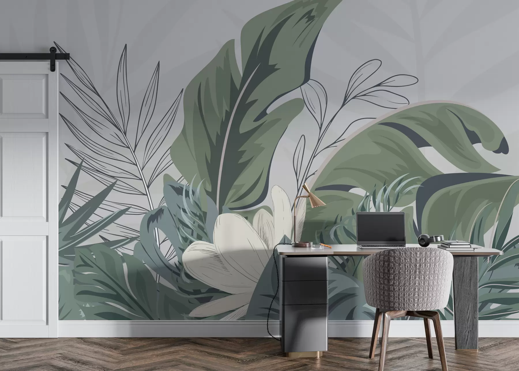 murales de pared Papel pintado Bosque tropical verde de hojas de monstera, palmeras, ramas w01598