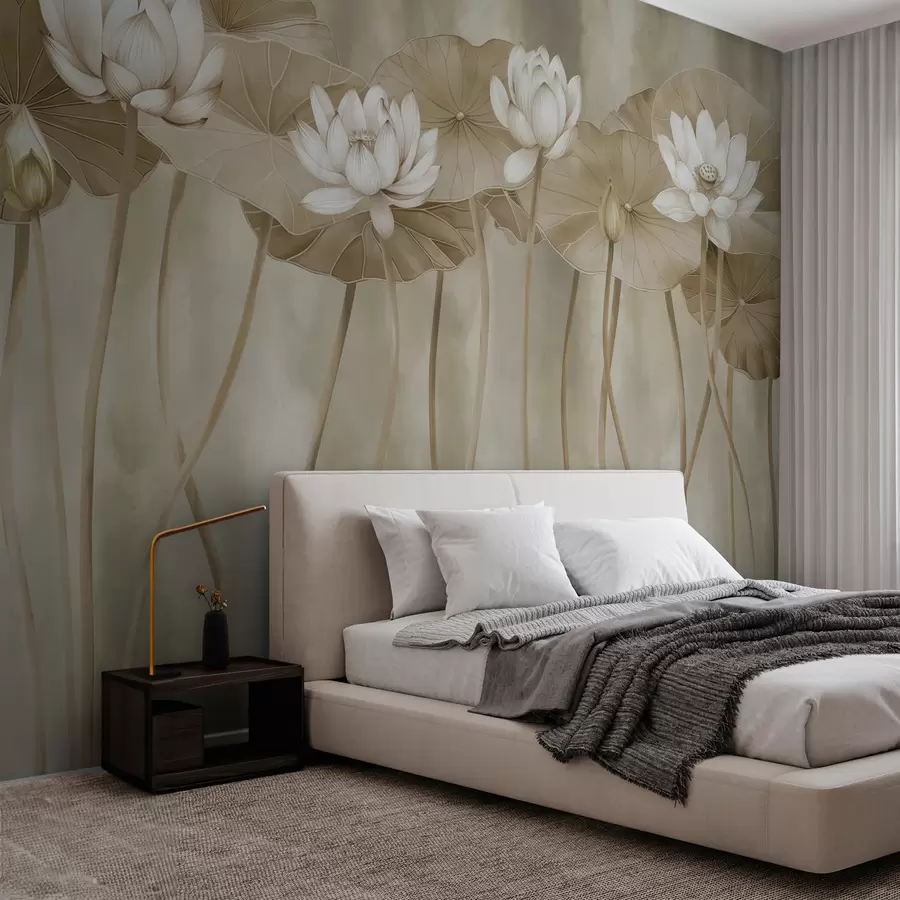 murales de pared Flores y hojas de loto en una pared oscura biege grunge w01622v2