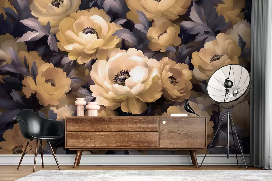 murales de pared Pintura al óleo de estilo floral basada en el color beige y morado w01581