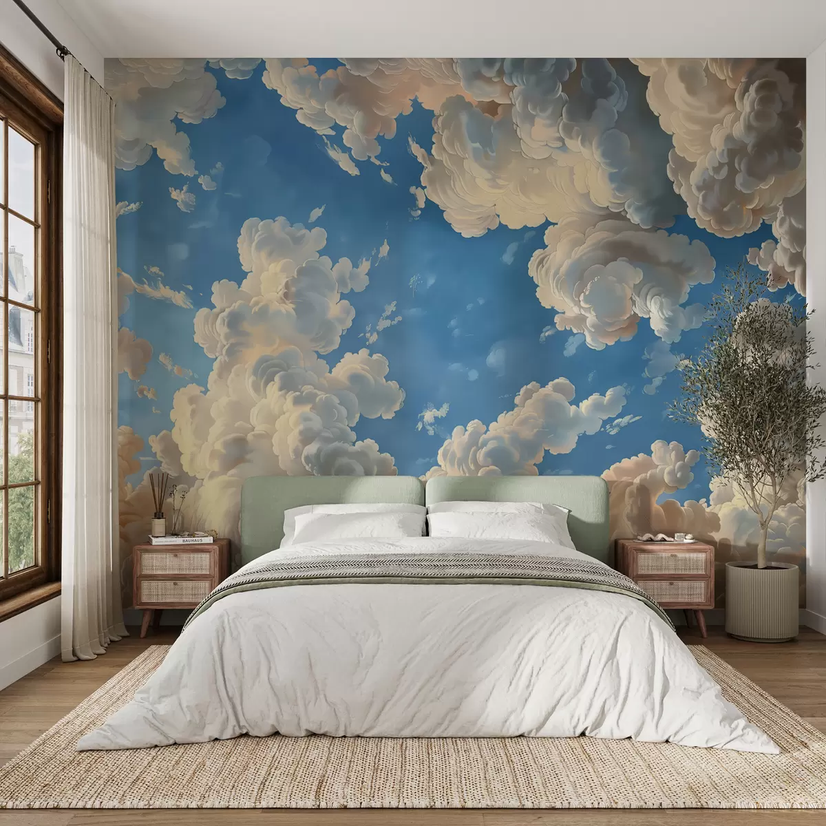murales de pared Nubes ondulantes en cálidos tonos crema, melocotón suave y pálido, sobre un cielo azul intenso y vibrante w01583