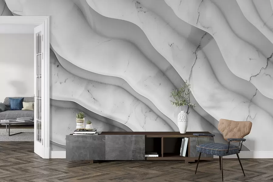 murales de pared Composición abstracta de texturas suaves y onduladas similares al mármol en tonos claros de blanco y gris w01588