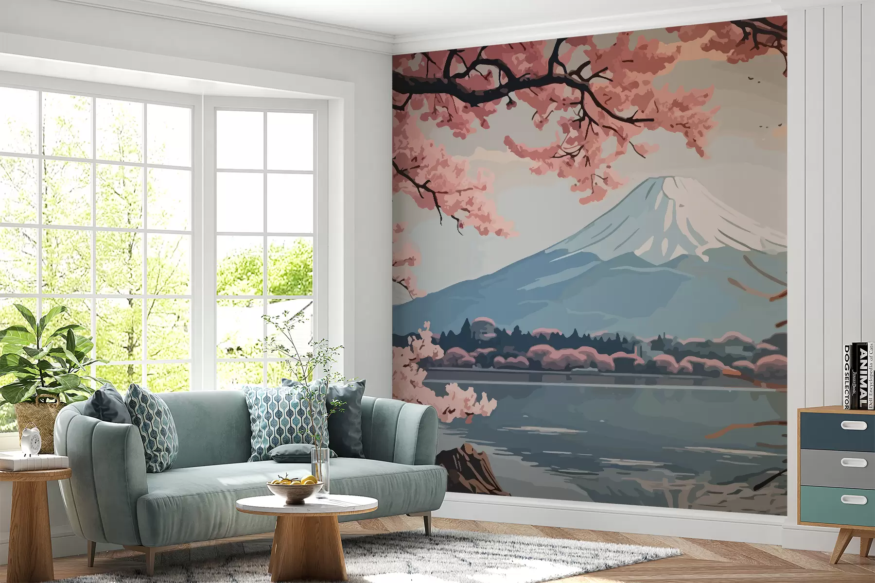 murales de pared Sakura, montañas, acuarela w01664