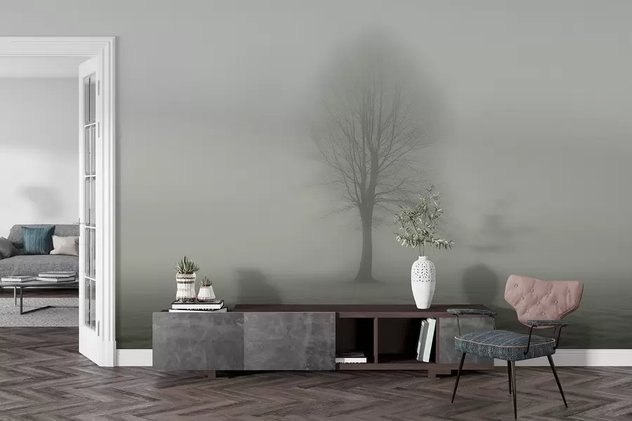 murales de pared Árbol en la niebla de color verde oscuro w01660