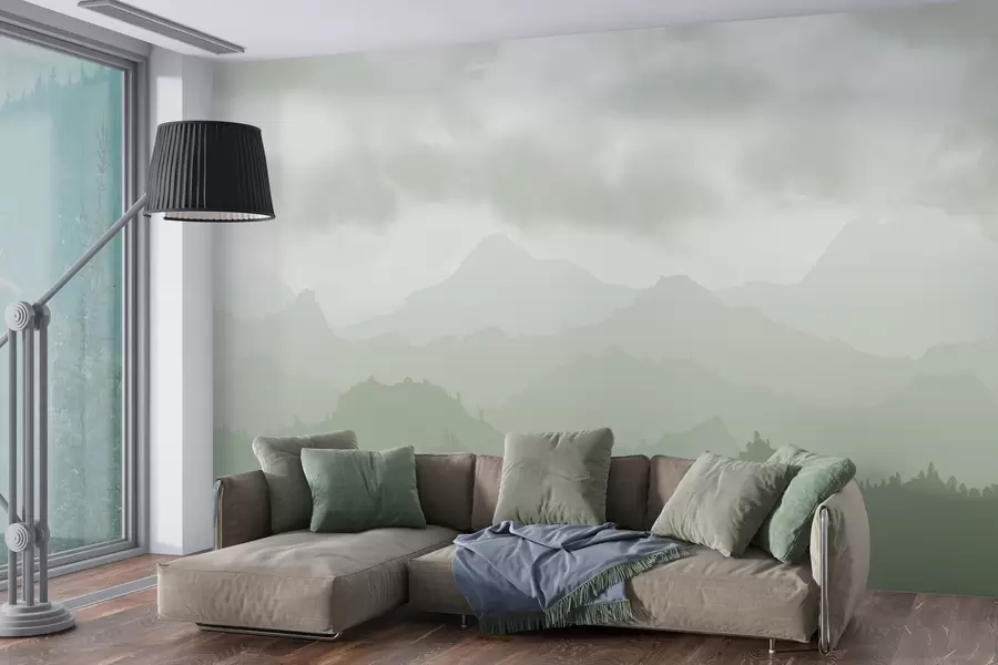 murales de pared Montañas neblinosas con cúmulos ceonáceos en el cielo w01637v3