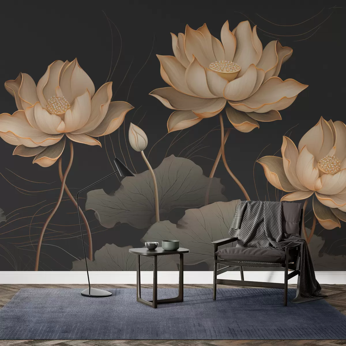 murales de pared Grandes flores de loto sobre fondo oscuro w01640
