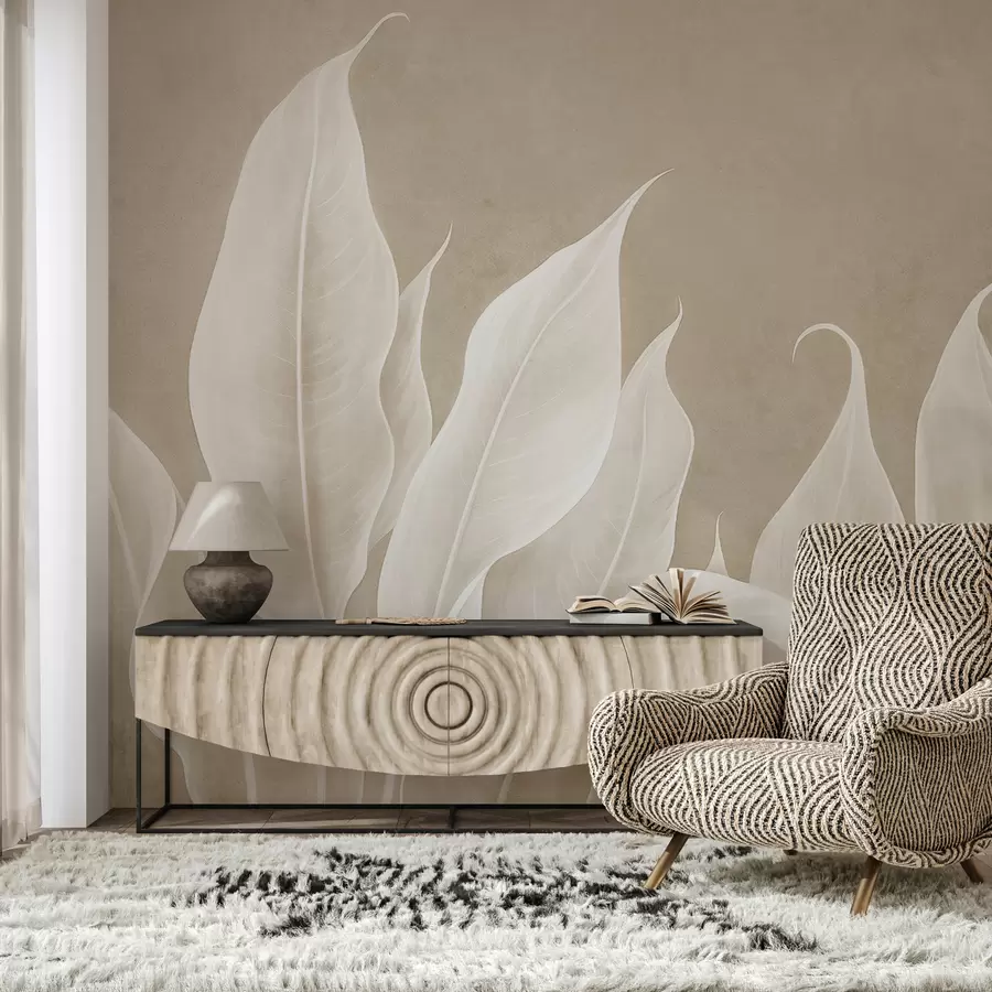 murales de pared grandes hojas blancas sobre fondo beige w01679