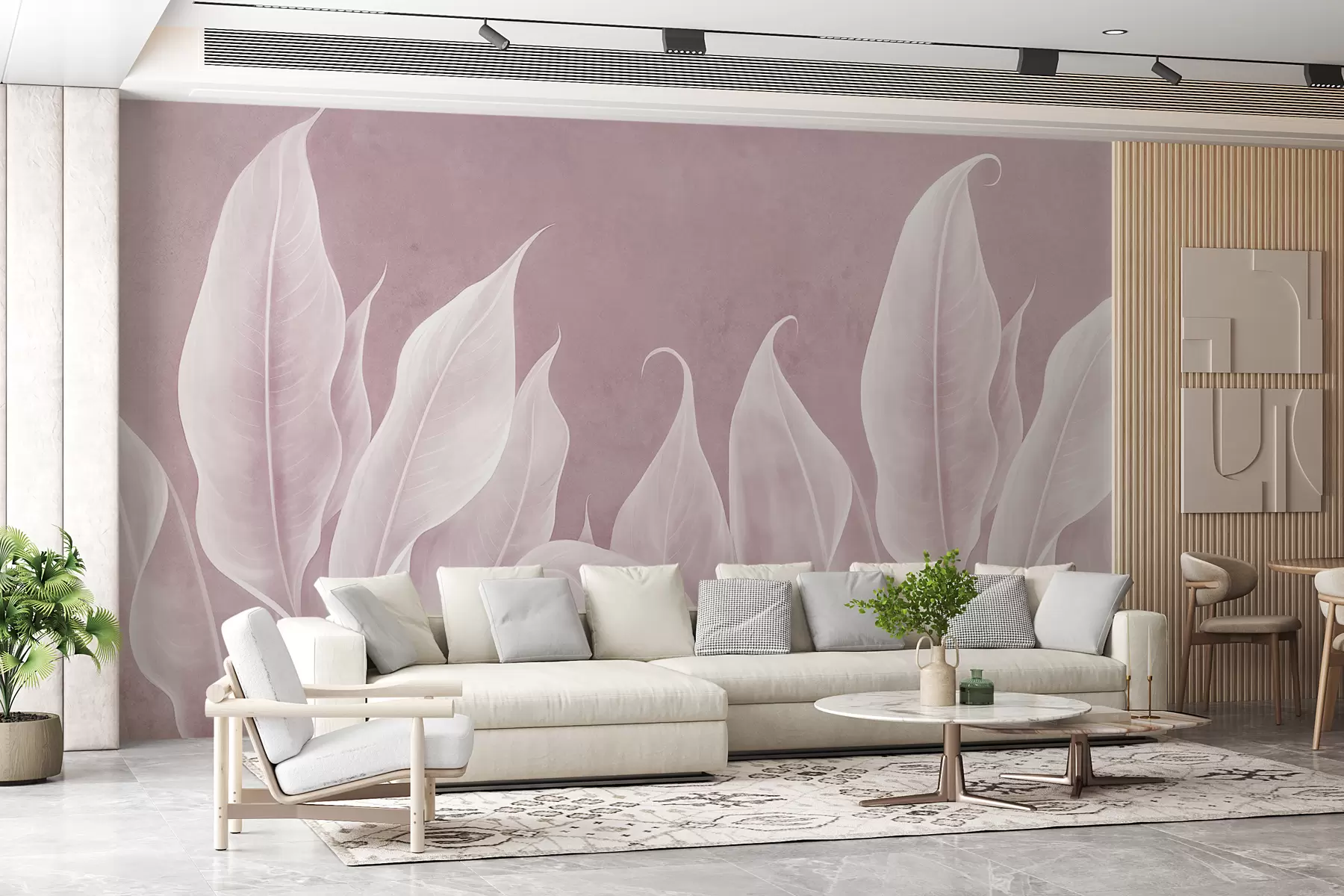 murales de pared grandes hojas blancas sobre fondo rosa w01679v2
