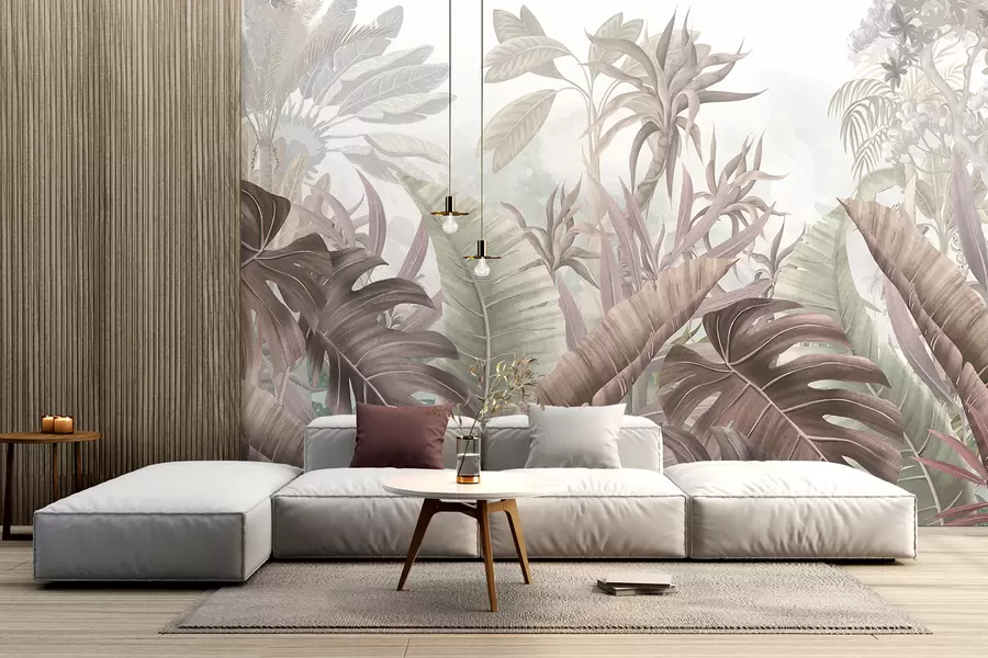 murales de pared Una jungla tropical con grandes hojas de palmera y plantas exóticas en tonos grises, blancos y beige w08307