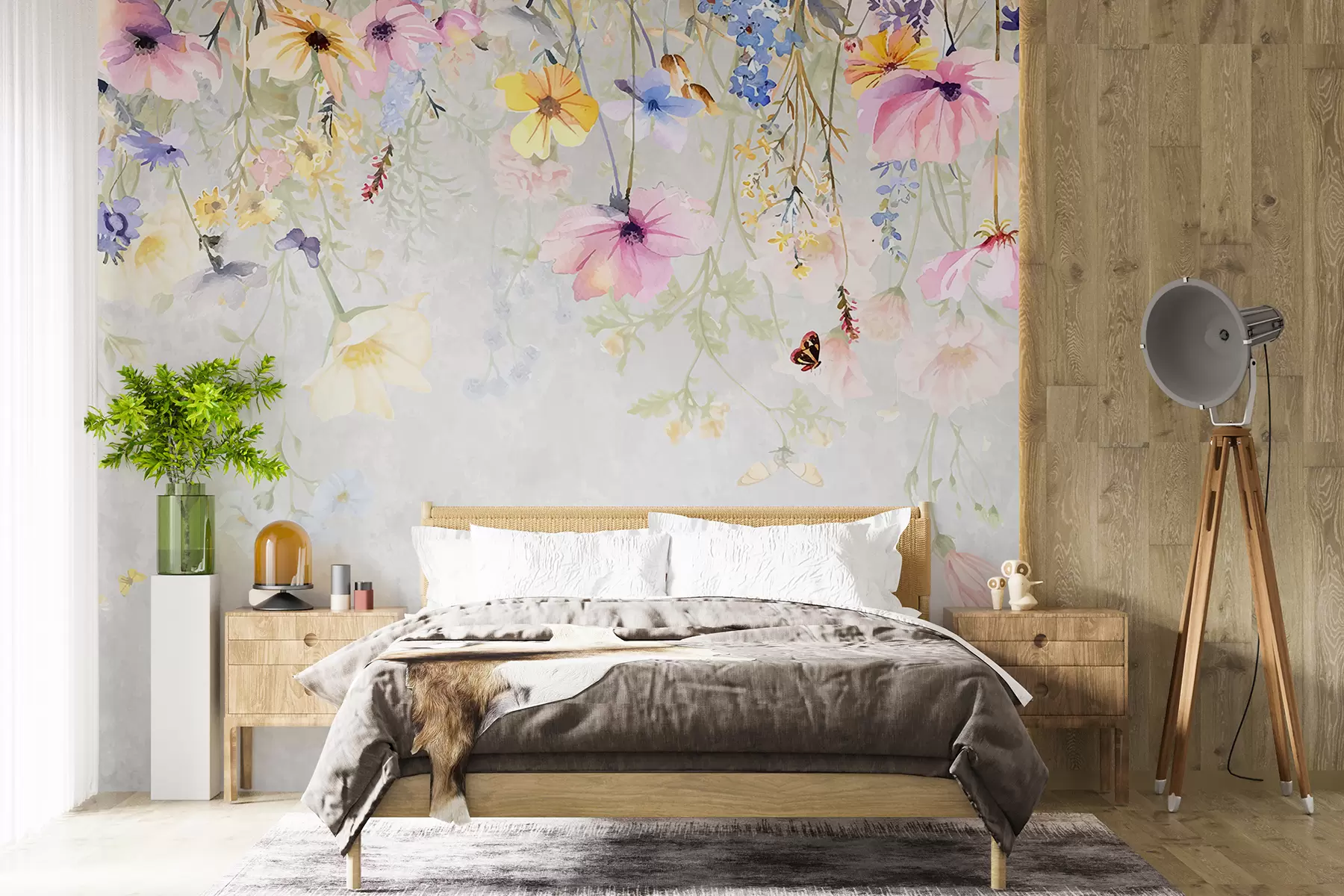 murales de pared Flores de colores con flores rosas, amarillas y azules que cuelgan de la parte superior sobre fondo gris texturizado w08309