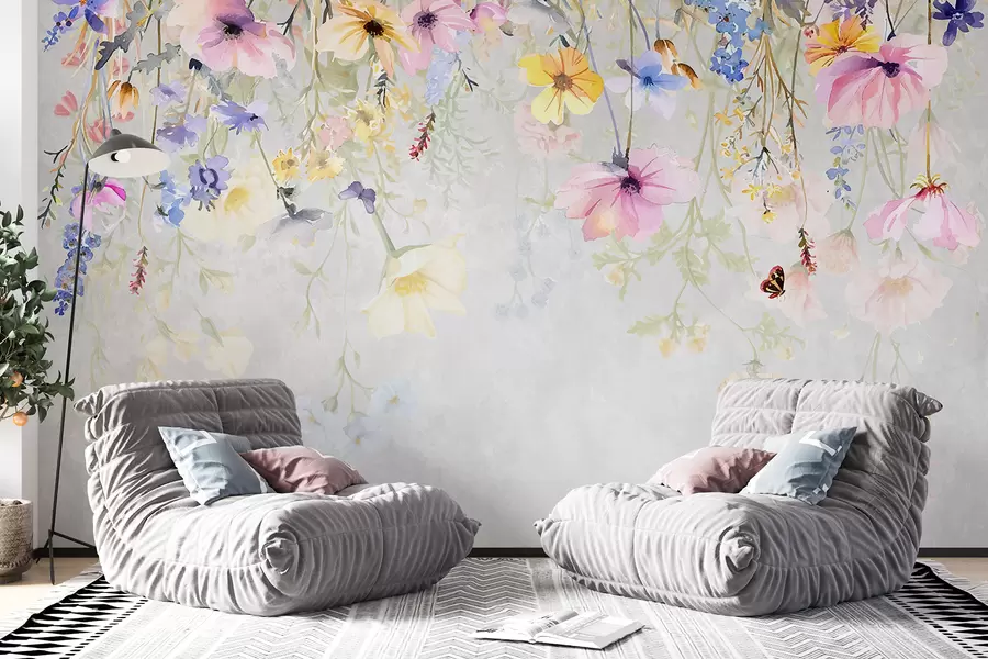 murales de pared Flores de colores con flores rosas, amarillas y azules que cuelgan de la parte superior sobre fondo gris texturizado w08309