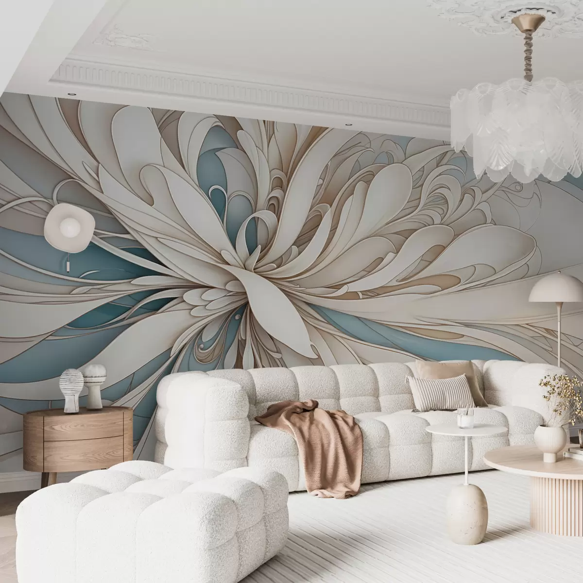 murales de pared Estampado floral abstracto con formas orgánicas arremolinadas en tonos beige, tostado y azul con un fondo claro w08311