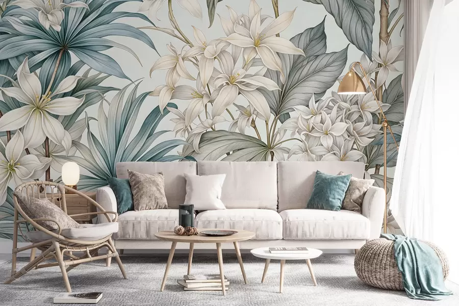 murales de pared Estampado floral tropical con grandes flores blancas y azul claro, hojas verdes y fondo neutro w08318